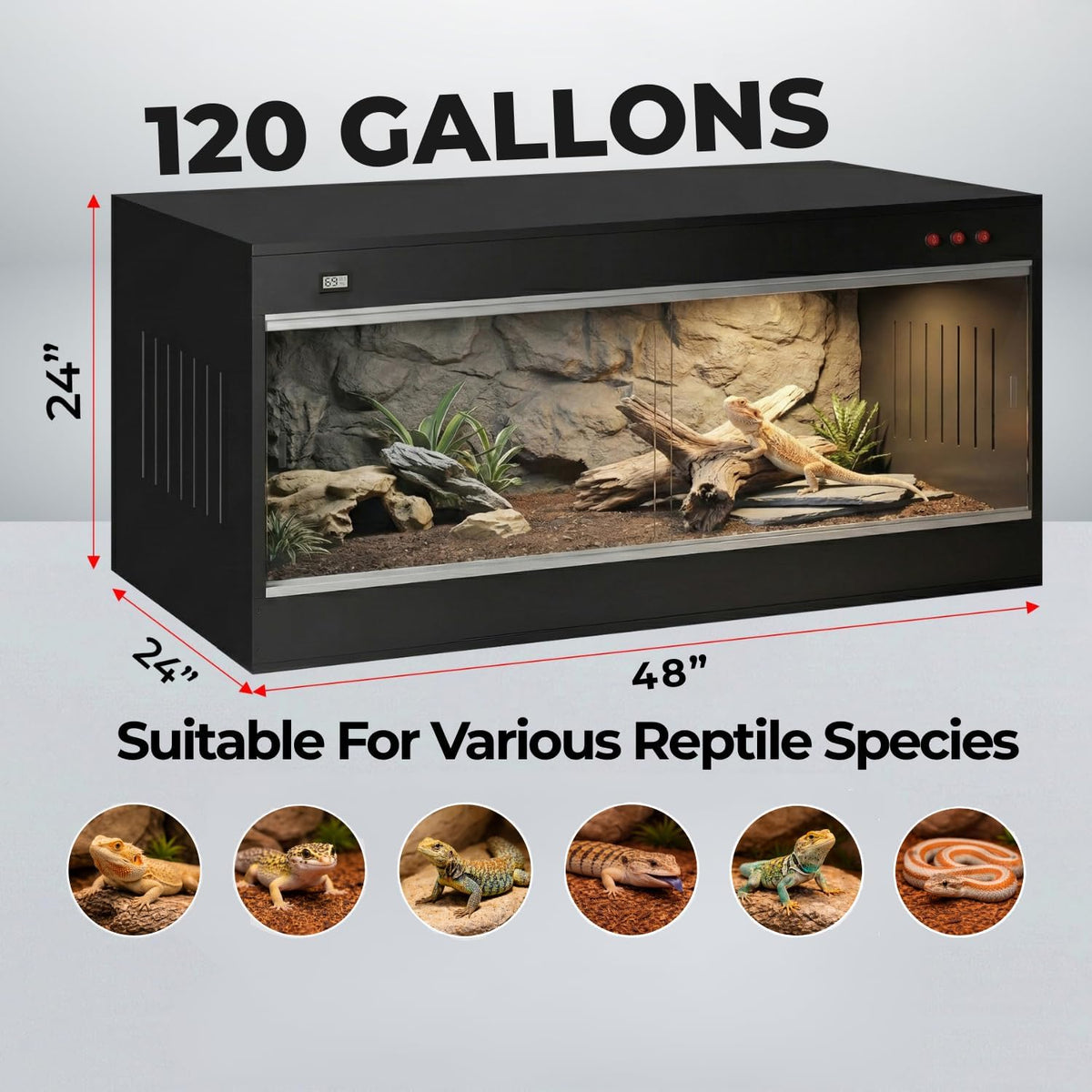4x2x2 PVC reptile enclosure, front view with sliding glass doors