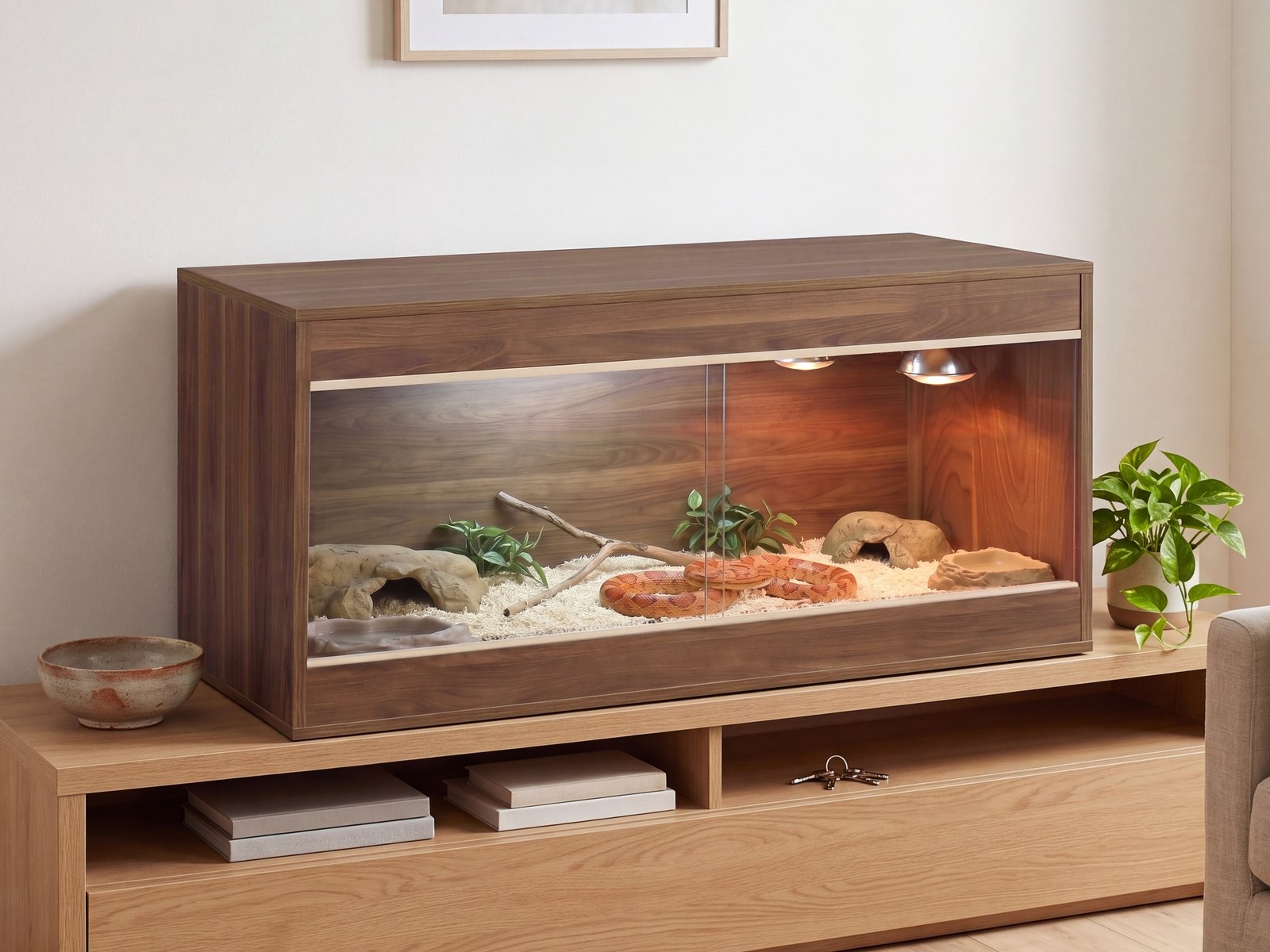 Corn snake in a 4x2x2 California Walnut wooden enclosure on a media console in a living room
